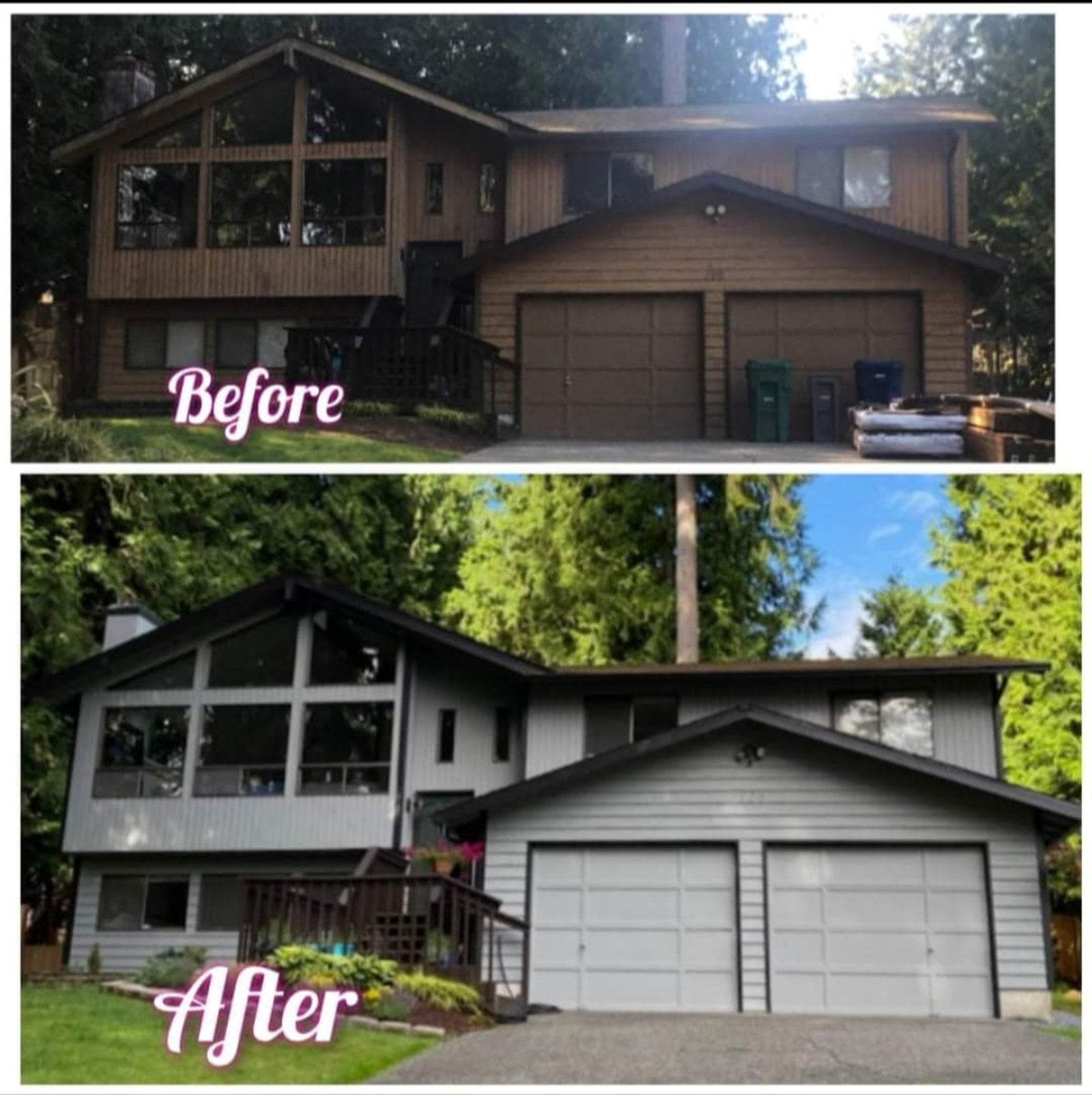 Exterior house repaint in Snohomish County WA, where weathered brown cedar siding was transformed into modern gray siding with fresh white trim